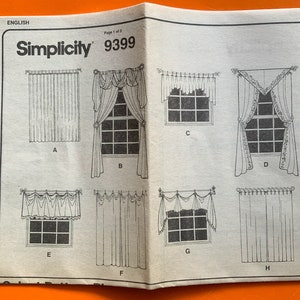 Curtain Sewing Pattern Uncut Vintage 90s. Simplicity 9399 Quick & Creative Rods, Finials. 5 Valance Patterns with 3 Side Panels variations image 7