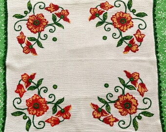 Cross Stitch Floral Table Centrepiece with Crochet Edge, Cottage Decor. Bright Red Florals, Handcrafted Embroidered Tea Cloth, Aida Cotton.