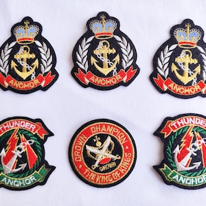 Vintage Patches, Embroidered Military Fabric Patches: Crown & Anchor Appliqué, King of Kings, Thunder - Anchor.Unused Set of 6