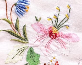 Silk Organza Hand Embroidered Tablecloth. Fine Quality Hand Stitched Floral Motifs, Mid Century Heirloom Linen.
