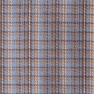 May include: A close-up shot of a fabric with a plaid design. The pattern is composed of intersecting lines in shades of light blue, brown, and white. The fabric has a textured finish, possibly woven. The design has a classic and adaptable style.