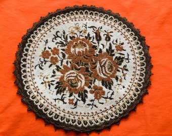 Vintage Floral Tapestry Round Doily. Brown, Sienna, Mustard, Ivory. 1970s Table Decor. Upcycle Tapestry Fabric - Bags, Clothes, Textile Art.