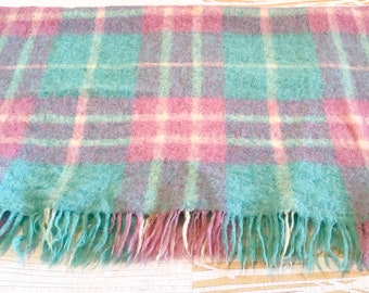 Vintage Fringed Mohair Blanket, Victor Australia. Plaid Wool Blanket, Pink, Blue, White. Pure Mohair Knee Blanket, Couch Throw, Travel Rug.