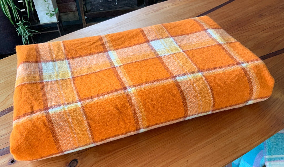 Vintage Australian Wool Blanket. Bright Orange Plaid Double Etsy