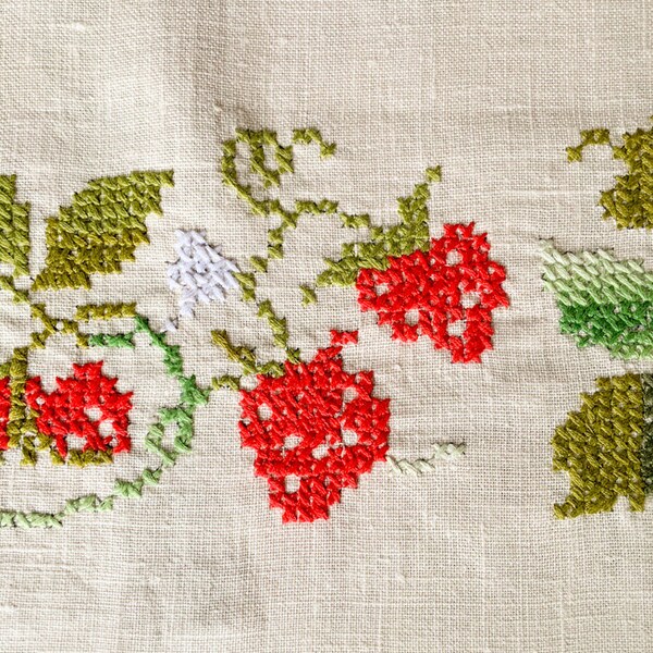 Strawberries Hand Embroidered Linen Tablecloth. c. 1950s-70s. Bright Red, Green & White Needlework on Cream Linen with Cotton Lace Edge.