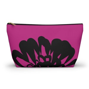 COSMETIC MAKEUP BAG / Flower Toiletry Bag / Flower Gift for Her / Holiday Gift / Pink Black Magenta Bag / T-Bottom Pouch / Zipper Makeup Bag