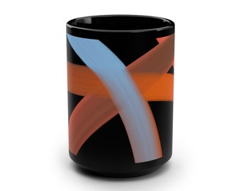 BLACK CERAMIC MUG / Large Coffee Mug / 15 oz Coffee Mug / Hand Drawn Art Mug / Contemporary Blue Orange Mug / Gift for Him / Birthday Gift