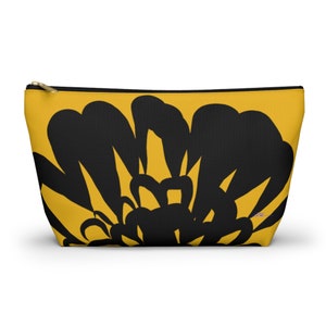 COSMETIC MAKEUP BAG / Flower Toiletry Bag / Flower Gift for Her / Holiday Gift / Black and Yellow Bag / T-Bottom Pouch / Zipper Makeup Bag