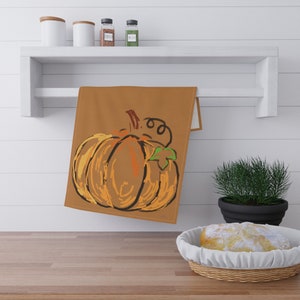 FALL CLOTH TOWEL / Washable Kitchen Towel / Tan Orange Pumpkin Cloth / Thanksgiving utility Towel / Housewarming Gift / Host hostess gift