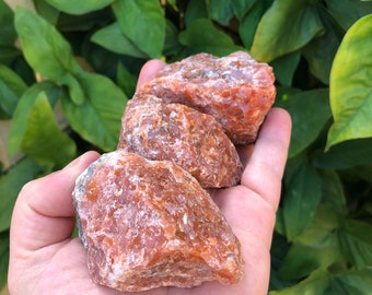 May include: Three rough, orange carnelian crystals in a hand. The crystals are a deep orange color with white inclusions.