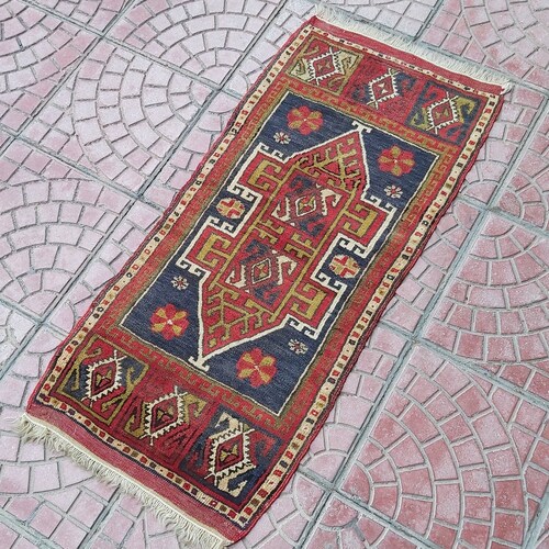 2x3 Red Vintage Rug, Blue Oushak Rug, Green Turkish Rug shops for Bathroom, Kitchen Rug Mat, Small Oriental Rug, Front Door Rug Mat 1'7