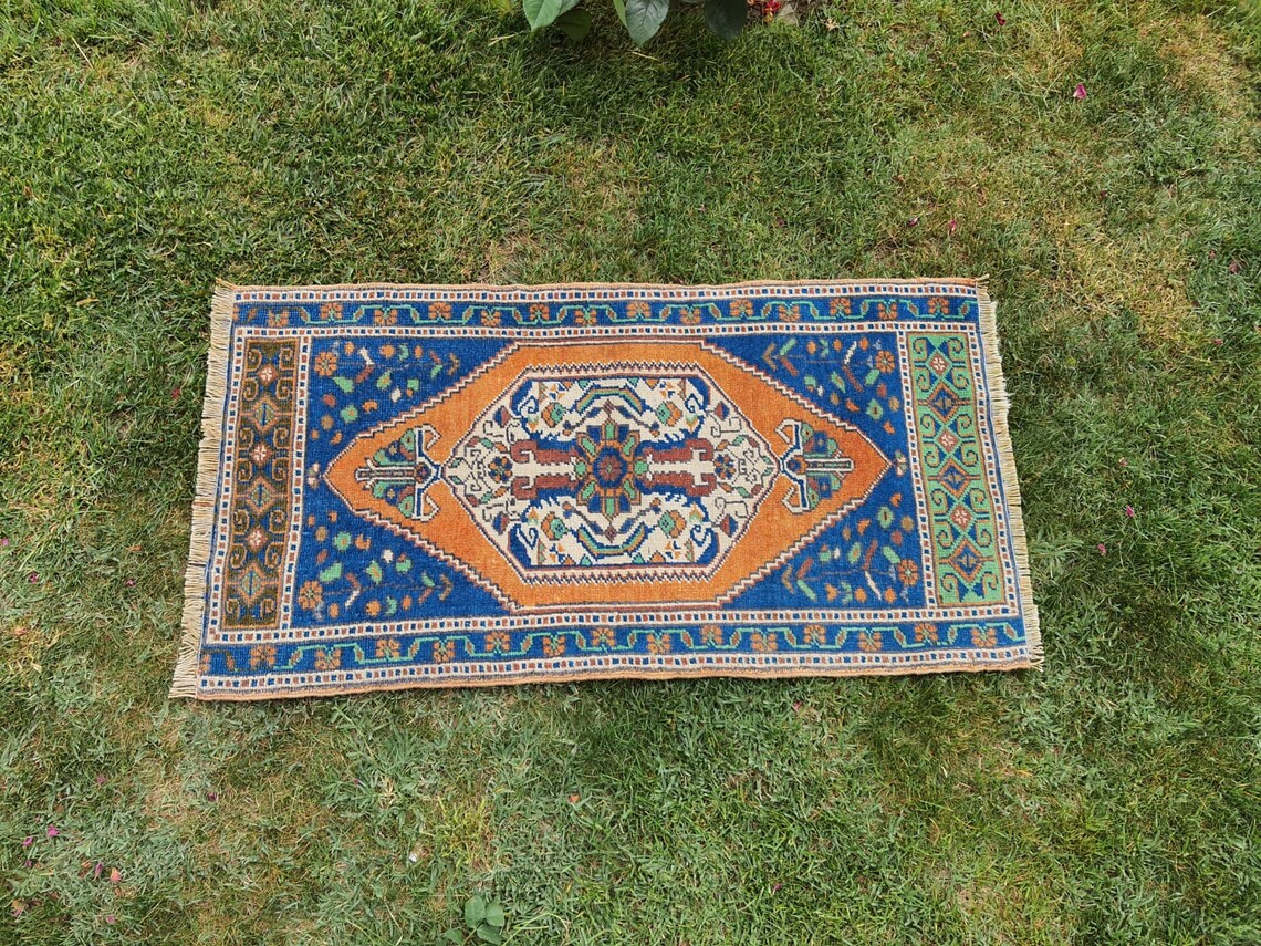 2x3 Vintage Rug Orange Oushak Rug Blue Turkish Rug Etsy
