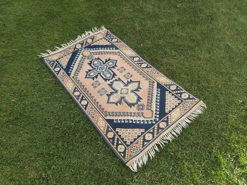 3x4 Vintage Rug Blue Oushak Rug Rose Gold Turkish Rug Etsy