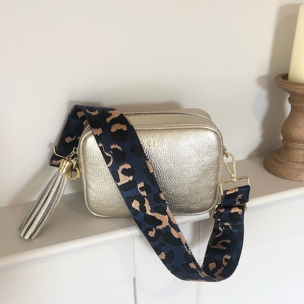 Personalised Gold Crossbody Bag with Navy Animal Print Strap