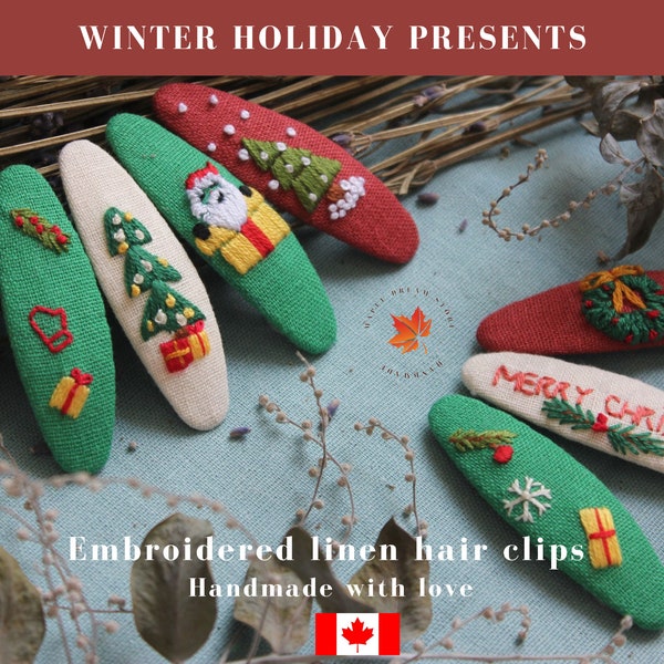 HAIR CLIPS| M 7cm| Winter holiday accessory, embroidery hair clips, Fabric covered clips for women, Barrettes, Christmas handmade embroidery