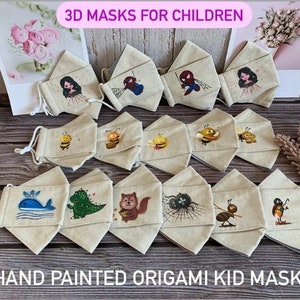 3D MASK| Bloomin' Beautiful: Handmade 3D Origami Linen Face Masks for Kids - Adjustable Fit, Washable, and Made in Canada, Hand painted mask