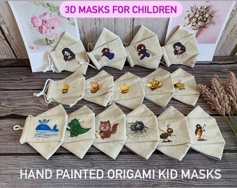 3D MASK| Bloomin' Beautiful: Handmade 3D Origami Linen Face Masks for Kids - Adjustable Fit, Washable, and Made in Canada, Hand painted mask