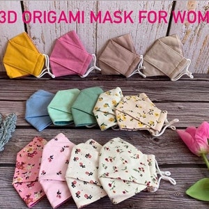 3D FACE MASK| Origami shape, 3 layers Organic linen muslin, Adjustable earloops, Anti fog Easy Breathe 3D mask, Mask for women Medium size