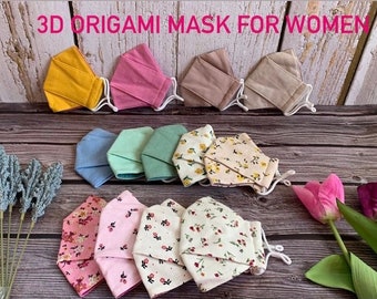 Mascarilla facial de lino con diseño de origami 3D / Gomas ajustables para las orejas, talla mediana