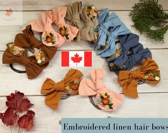 Handmade Floral Embroidered Linen Hair Bow | Hair Tie