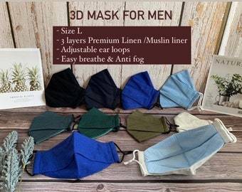 3D FACE MASK| Origami shape, 3 layers Organic linen muslin, Adjustable earloops, Anti fog Easy Breathe 3D mask, Mask for men large size