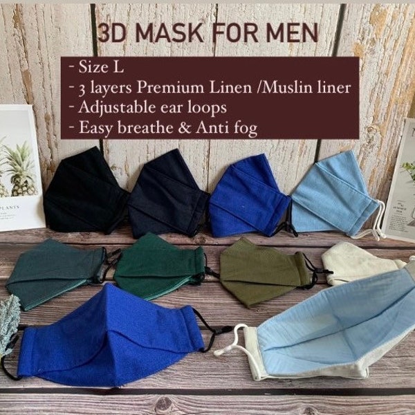 3D FACE MASK| Origami shape, 3 layers Organic linen muslin, Adjustable earloops, Anti fog Easy Breathe 3D mask, Mask for men large size