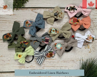 Handmade Linen Hair Bow | Floral Embroidery Hair Tie
