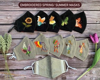 Elegant Embroidered Linen Face Mask - Floral & Animal Designs - 3 Layers, Lightweight  Breathable - Adjustable Earloops - Washable