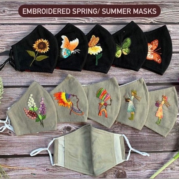 Elegant Embroidered Linen Face Mask - Floral & Animal Designs - 3 Layers, Lightweight  Breathable - Adjustable Earloops - Washable