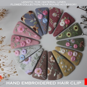 HAIR CLIPS| M 7cm| Hand embroider flower design, embroidery hair clips, Fabric covered clips for women, Barrettes, Handmade hair accessories