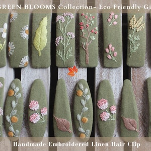 PINZAS PARA EL CABELLO/ M 7 cm/ VERDE Pinzas para el cabello bordadas a mano, pasadores cubiertos de tela para mujeres, regalo vegano para ella, accesorio para el cabello ecológico