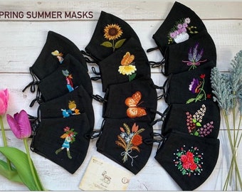 Hand-Embroidered Floral Linen Face Mask | Adjustable, 3-Layer