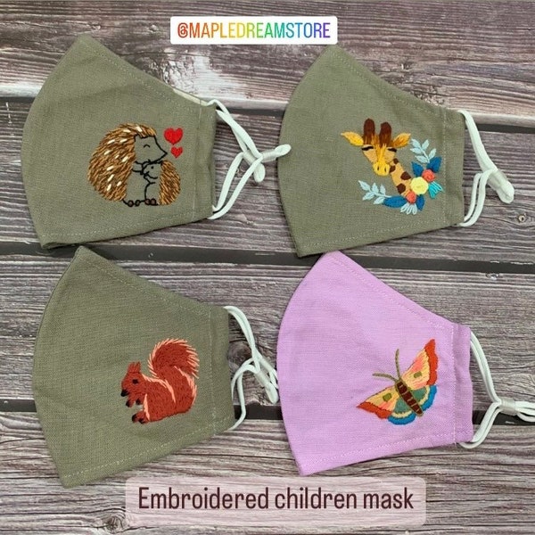 FACE MASK| Children embroidered mask, 3 layers linen cotton, washable breathable mask, Handmade mask with filter pocket, adjustable earloops