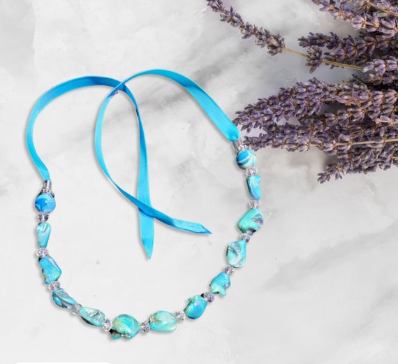 Blue Abalone & Ribbon Necklace