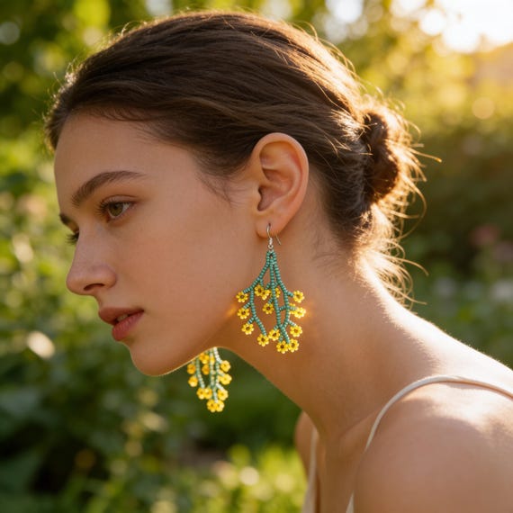 Hand-sewn Daisy Beaded Earrings with silver-toned earwires