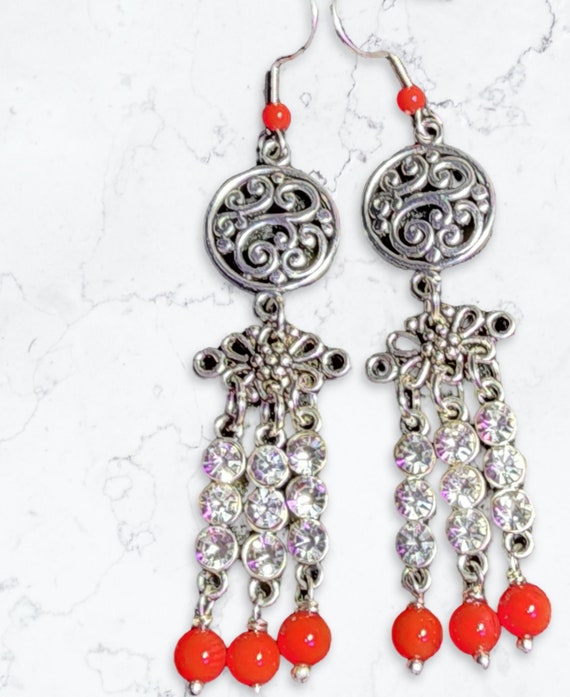 Red Bead Filigree Earrings