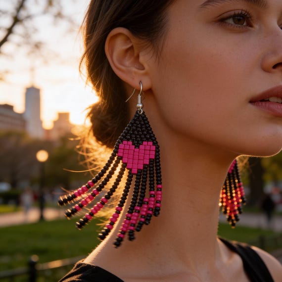 Fringe Earrings Red Hearts