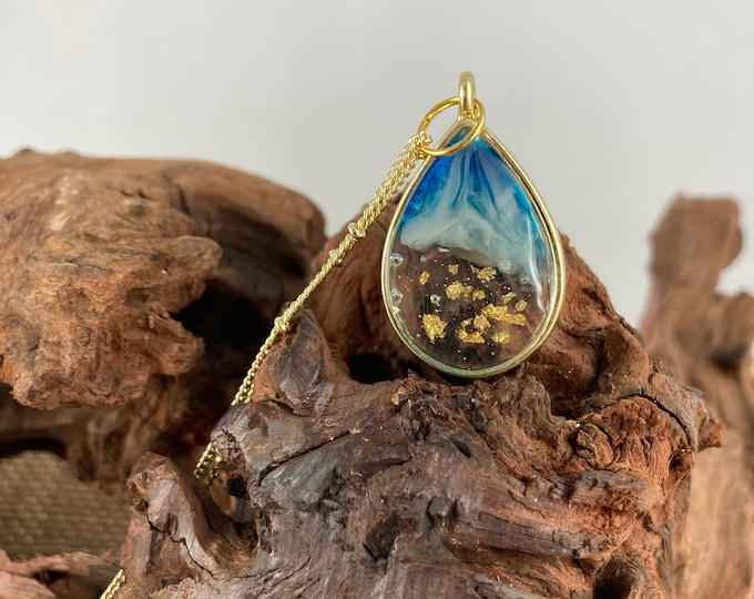 Resin Ocean Pendant Necklace with Gold Leaf Flakes - Handmade Statement Jewelry for Women