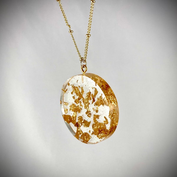 Resin Pendant Necklace with Gold Leaf Flakes - Handmade Statement Jewelry for Women