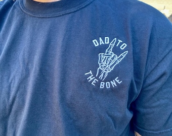 Dad To The Bone skeleton hand rock and roll machine embroidered tee