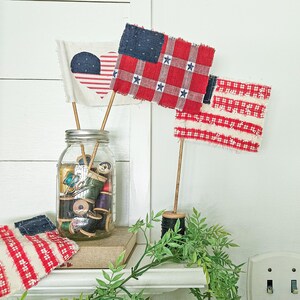Set of 2 Upcycled Fabric Flags, patriotic decor, Americana decor, farmhouse decor, rustic patriotic decor, summer decor, primitive americana