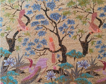 Indonesian Art Batik Fabric, Batik Tulis Classic bird Motif, Hand Drawn Javanese Batik Vintage Blanket Scarf, Hand Painted Art Wall Hanging