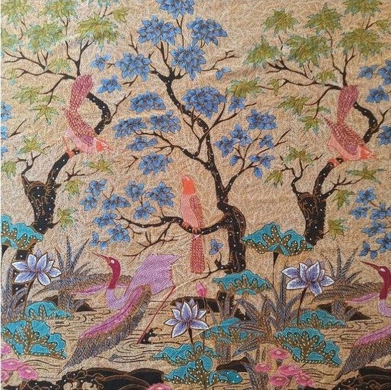 Indonesian Batik Fabric, Motif of Painting-Like Bird, Flower