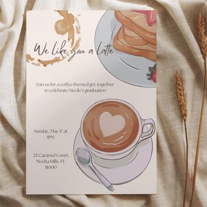 Invito per una festa a tema caffè, modificabile con Canva, invito per brunch di compleanno (download digitale)