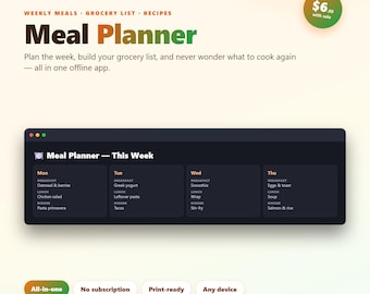 Meal Planner & Grocery List App | Weekly Meal Plan, Food Plans, Meal Prep, Auto Grocery List, Recipes | Offline, No Subscription