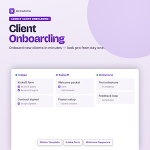 Peut inclure: Un modèle d'intégration de clients d'agence numérique avec le texte Growtoria, Agency Client Onboarding, Client Onboarding, et Onboard new clients in minutes—look pro from day one. Il comprend un tableau de tâches avec les colonnes Intake, Kickoff et Delivered.
