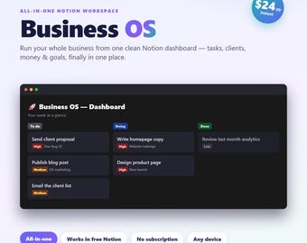 Notion Business OS Template | All in One Small Business Planner, Project Tracker, Task Manager, CRM, Finance and Goals Dashboard