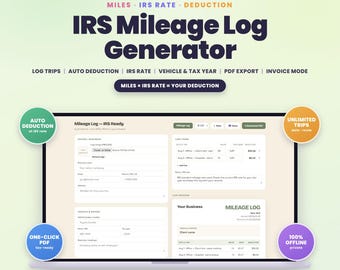 IRS Mileage Log Generator App, Printable Mileage Tracker for Taxes | PDF Mileage Log for Self Employed | Invoice Included, Offline