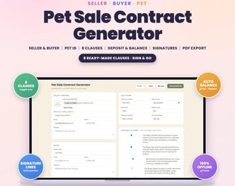 Puppy Sale Contract Generator App, Pet Sale Agreement for Breeders | Printable PDF with Clauses and Signatures | Offline, No Subscription