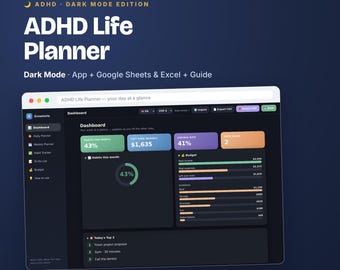 ADHD Life Planner Dark Mode | App, Google Sheets, Budget Tracker (Digital Download)